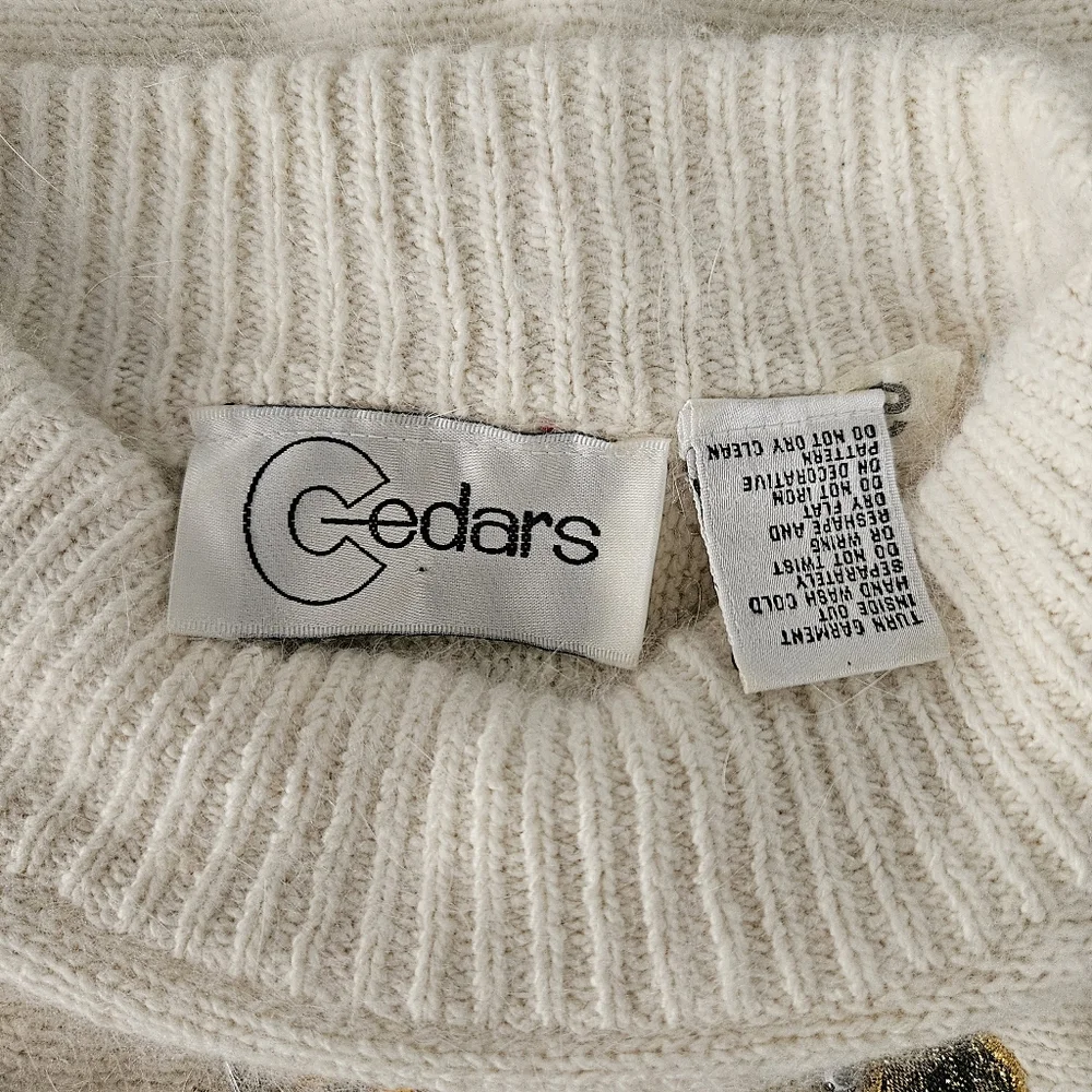 Vintage Cedars Angora Silk Wool Sweater Small Embellished 80s 90s Off White Gold - Picture 3 of 14